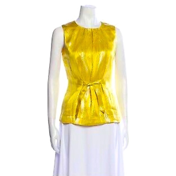 Tory Burch Fitted Sleeveless Metallic Yellow & Gold ‘Elson’ Silk Blouse, 2 - Picture 7 of 14